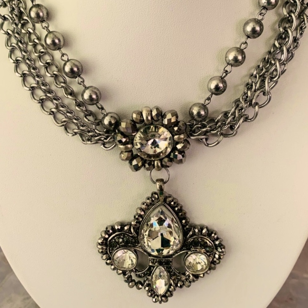 Rhinestone Rocker Silver Fleur-de-Lis Pendant Necklace Vintage Excellent - Picture 5 of 9